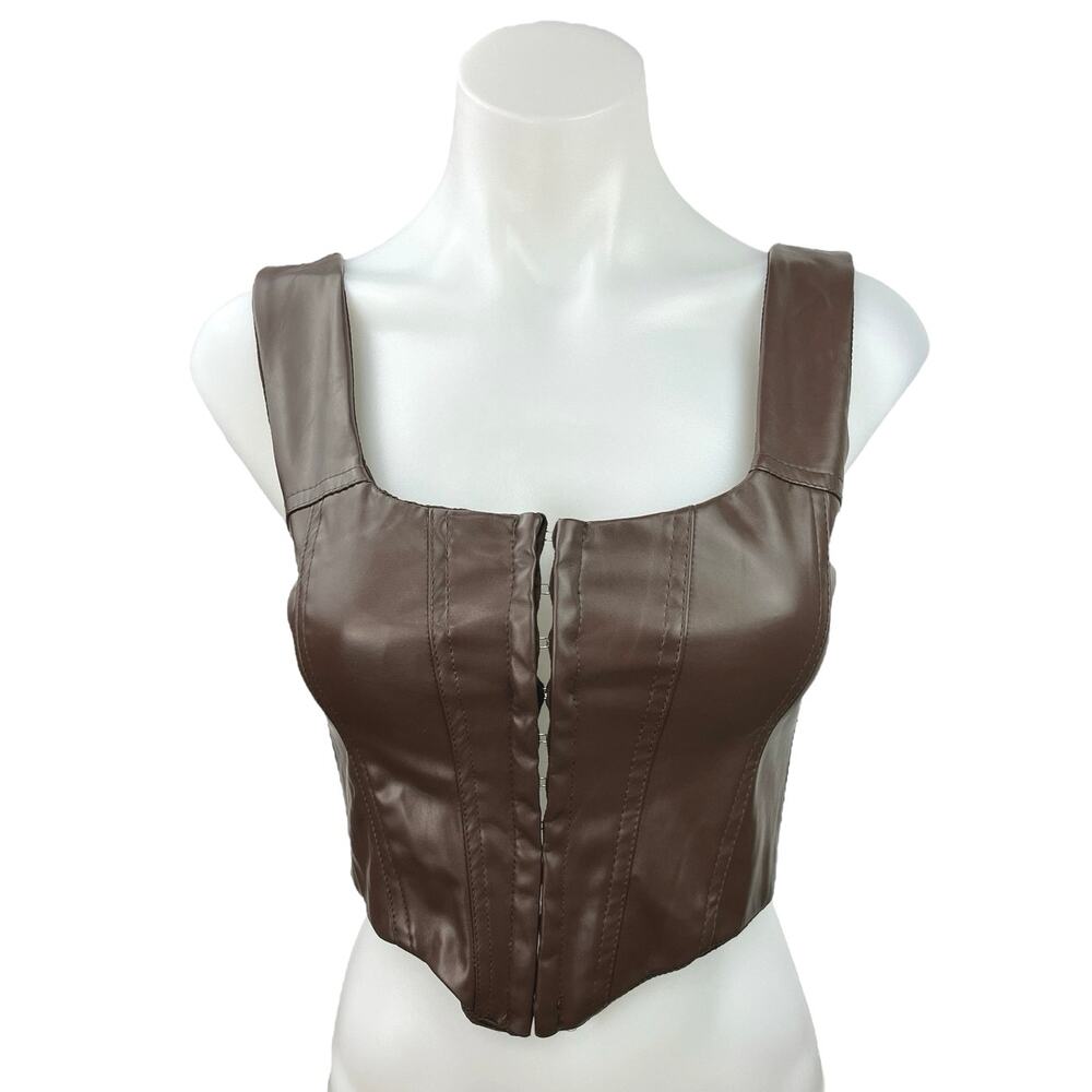 Princess Polly Tatum Brown Faux Leather Square Neck Cropped Corset Top Size 6